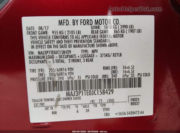 MAJ3P1TE0JC158429 2018 FORD ECOSPORT Burgundy 
