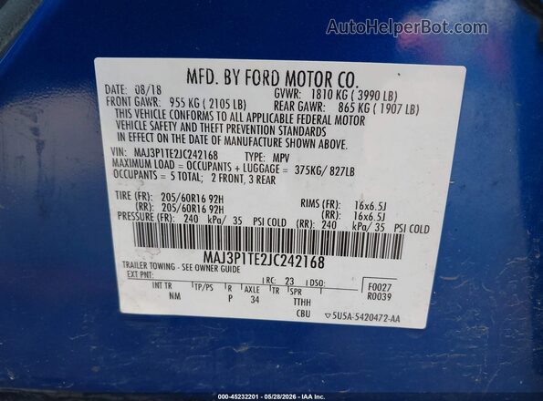 MAJ3P1TE2JC242168 2018 FORD ECOSPORT Blue Вид підкапотного простору
