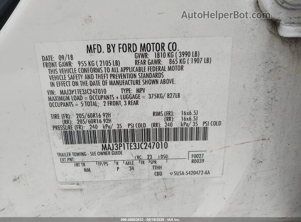 MAJ3P1TE3JC247010 2018 FORD ECOSPORT White Vista del compartimento del motor