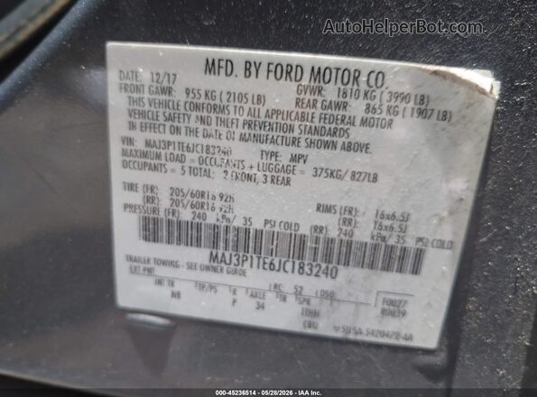 MAJ3P1TE6JC183240 2018 FORD ECOSPORT Gray 