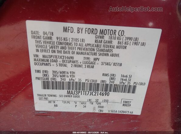MAJ3P1TE7JC214690 2018 FORD ECOSPORT Red 