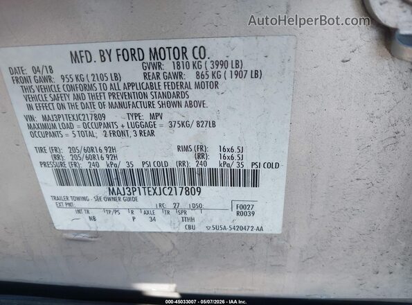 MAJ3P1TEXJC217809 2018 FORD ECOSPORT Silver Vista del compartimento del motor