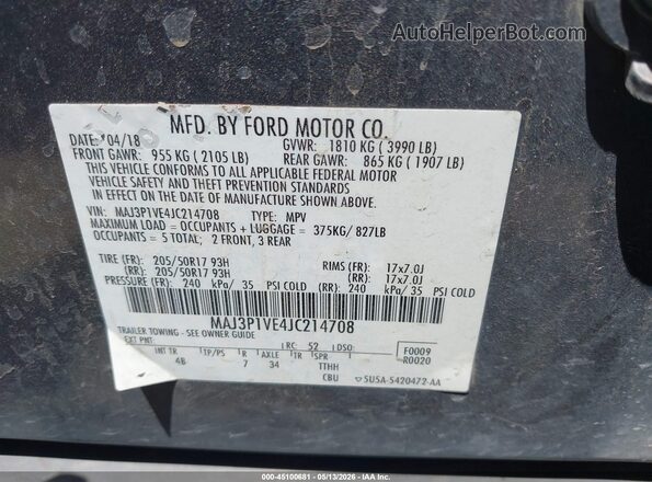 MAJ3P1VE4JC214708 2018 FORD ECOSPORT Gray Vista del compartimento del motor