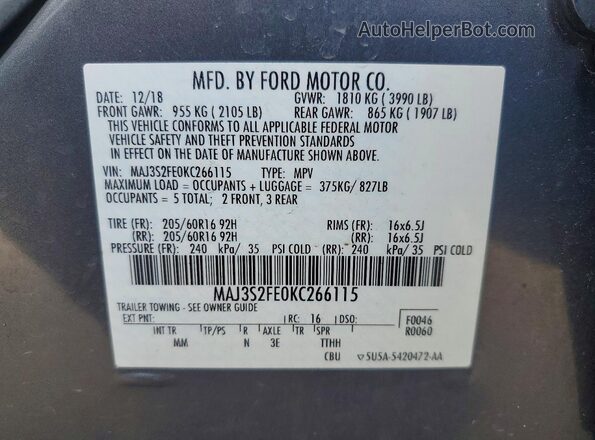 MAJ3S2FE0KC266115 2019 FORD ECOSPORT Charcoal Vista interior de 360 grados