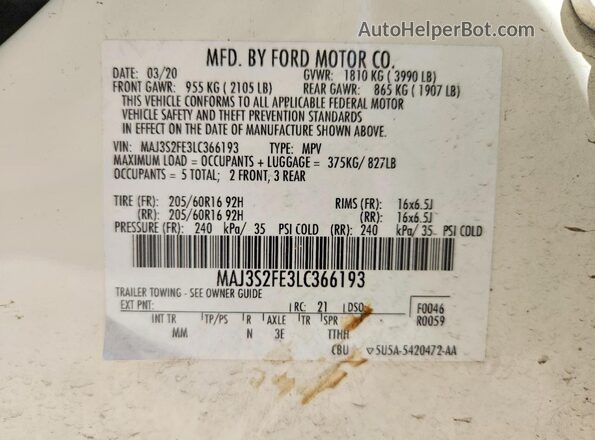 MAJ3S2FE3LC366193 2020 FORD ECOSPORT White Vista de la etiqueta del VIN