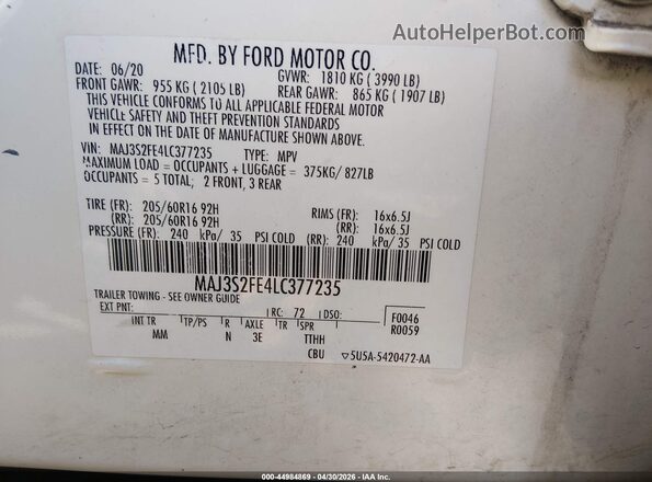 MAJ3S2FE4LC377235 2020 FORD ECOSPORT White Widok komory silnika