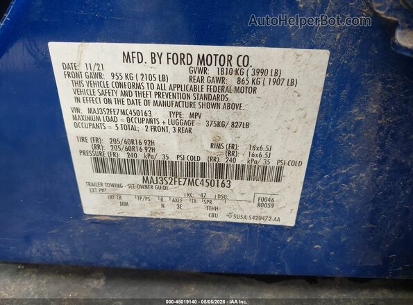 MAJ3S2FE7MC450163 2021 FORD ECOSPORT Blue Engine compartment view