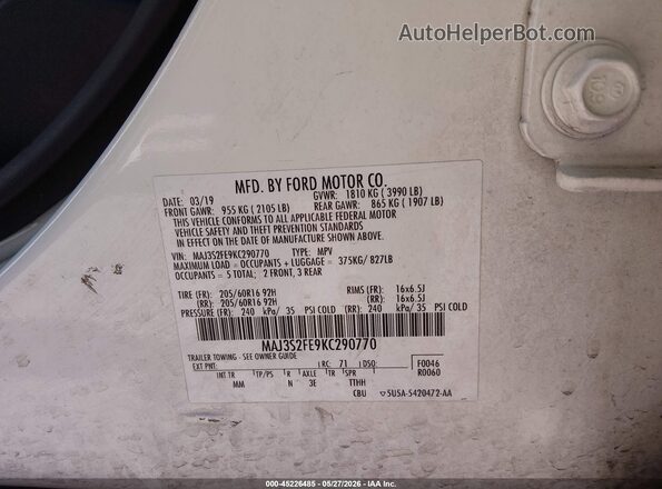 MAJ3S2FE9KC290770 2019 FORD ECOSPORT White Engine compartment view