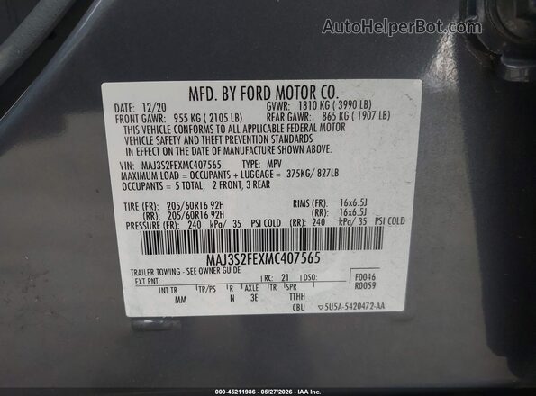MAJ3S2FEXMC407565 2021 FORD ECOSPORT Gray ძრავის განყოფილების ხედი