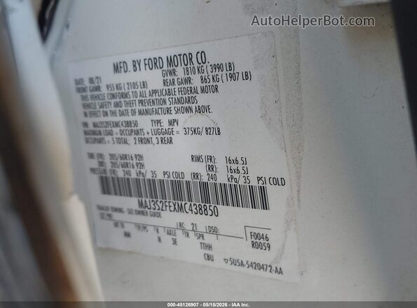 MAJ3S2FEXMC438850 2021 FORD ECOSPORT White Շարժիչի բաժամունքի տեսք