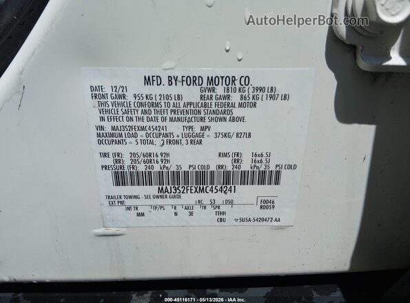 MAJ3S2FEXMC454241 2021 FORD ECOSPORT Белый 