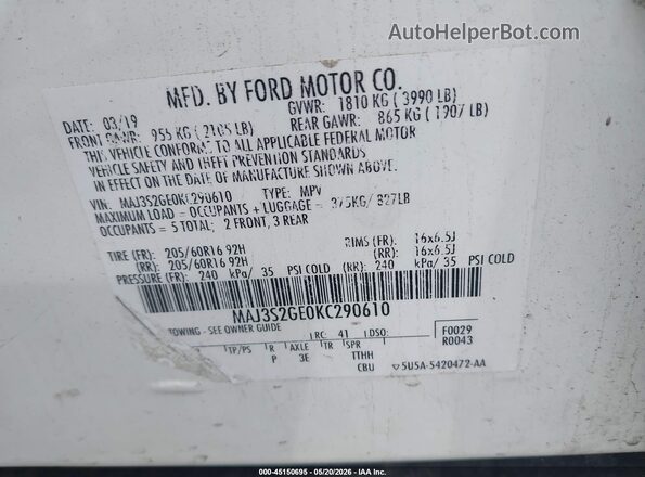 MAJ3S2GE0KC290610 2019 FORD ECOSPORT White 