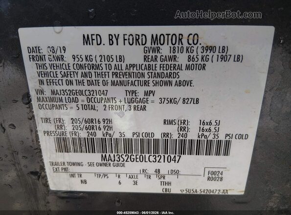 MAJ3S2GE0LC321047 2020 FORD ECOSPORT Gray Vista del compartimento del motor