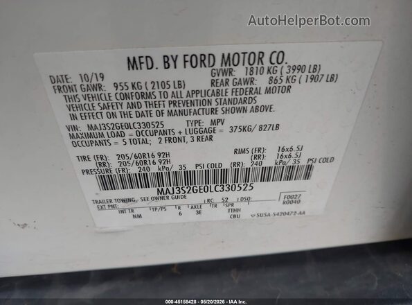 MAJ3S2GE0LC330525 2020 FORD ECOSPORT White ძრავის განყოფილების ხედი