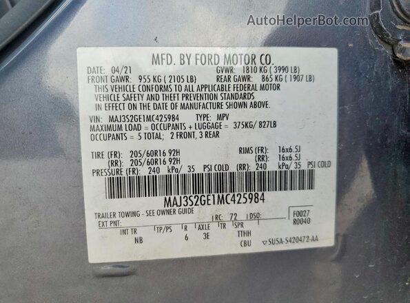 MAJ3S2GE1MC425984 2021 FORD ECOSPORT Gray Widok naklejki z numerem VIN