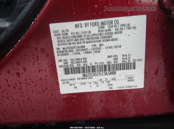 MAJ3S2GE2LC365888 2020 FORD ECOSPORT Maroon ძრავის განყოფილების ხედი