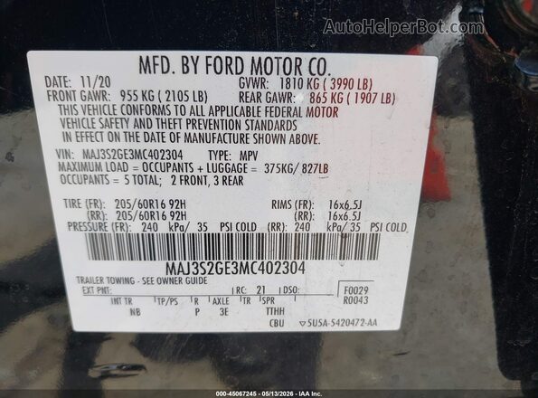 MAJ3S2GE3MC402304 2021 FORD ECOSPORT Черный Вид подкапотного пространства