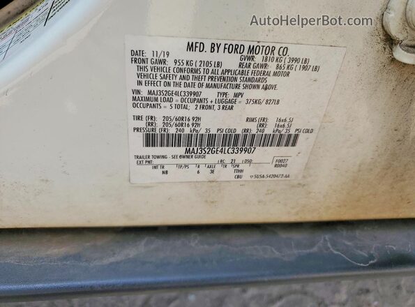 MAJ3S2GE4LC339907 2020 FORD ECOSPORT White Панорамний вид салону 360°