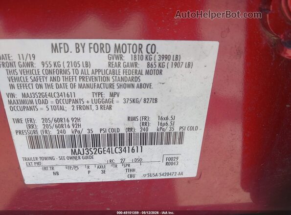 MAJ3S2GE4LC341611 2020 FORD ECOSPORT Red Widok komory silnika