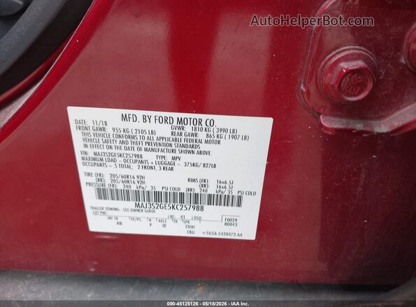 MAJ3S2GE5KC257988 2019 FORD ECOSPORT Burgundy Вид підкапотного простору