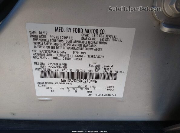 MAJ3S2GE5KC273446 2019 FORD ECOSPORT Silver 