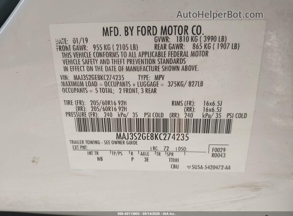 MAJ3S2GE8KC274235 2019 FORD ECOSPORT White Շարժիչի բաժամունքի տեսք