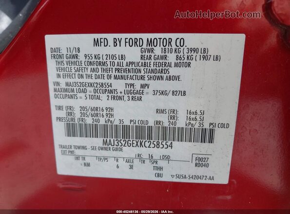 MAJ3S2GEXKC258554 2019 FORD ECOSPORT Красный Вид подкапотного пространства