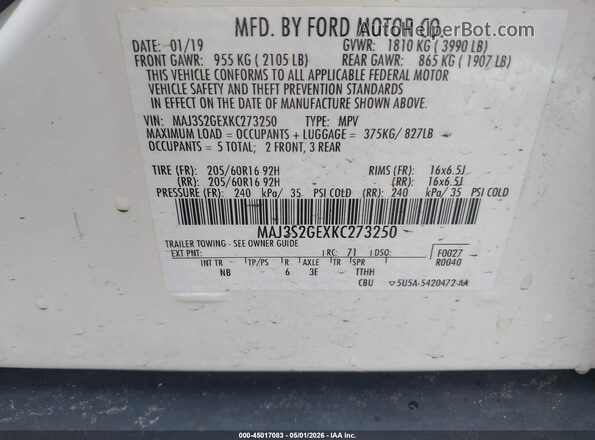 MAJ3S2GEXKC273250 2019 FORD ECOSPORT White 