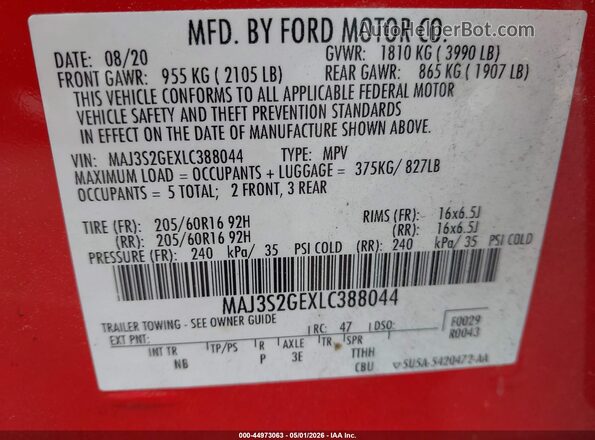 MAJ3S2GEXLC388044 2020 FORD ECOSPORT Red Widok komory silnika