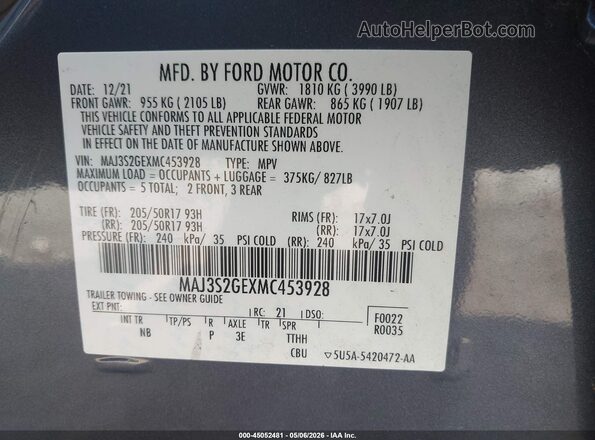 MAJ3S2GEXMC453928 2021 FORD ECOSPORT Gray Engine compartment view