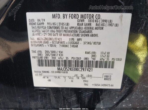 MAJ3S2KE0KC297421 2019 FORD ECOSPORT Black Vista del compartimento del motor