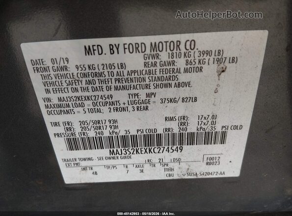 MAJ3S2KEXKC274549 2019 FORD ECOSPORT Gray Vista del compartimento del motor