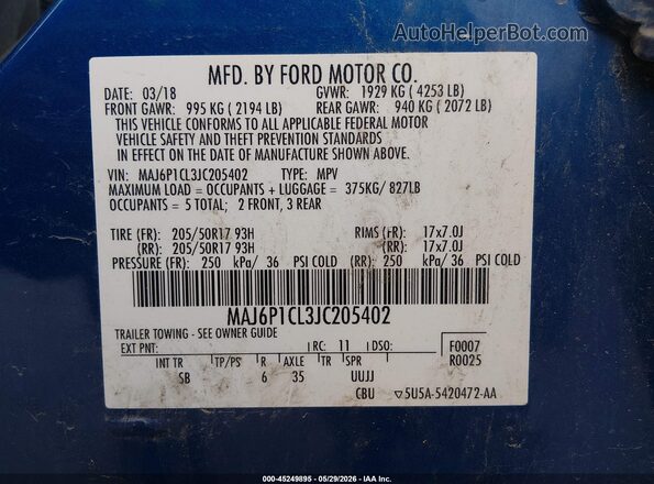 MAJ6P1CL3JC205402 2018 FORD ECOSPORT Blue Vista del compartimento del motor