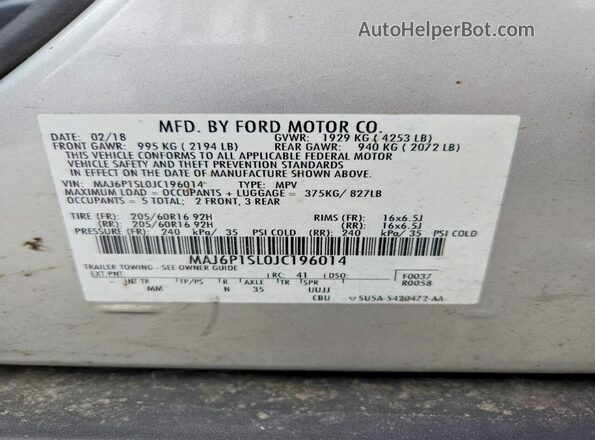 MAJ6P1SL0JC196014 2018 FORD ECOSPORT Silver 