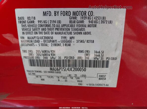 MAJ6P1SL4JC200050 2018 FORD ECOSPORT Red Շարժիչի բաժամունքի տեսք