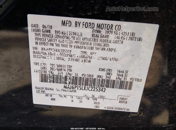 MAJ6P1SLXJC225342 2018 FORD ECOSPORT Black Vista del compartimento del motor