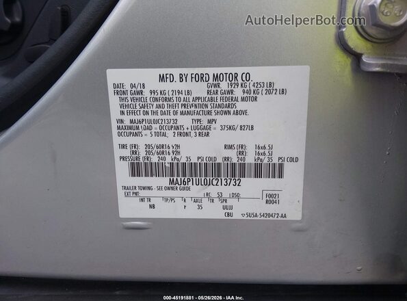 MAJ6P1UL0JC213732 2018 FORD ECOSPORT Серебряный Вид подкапотного пространства