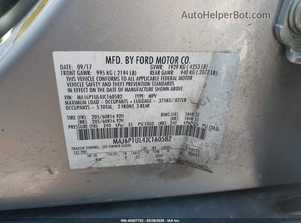 MAJ6P1UL4JC160582 2018 FORD ECOSPORT Silver Շարժիչի բաժամունքի տեսք