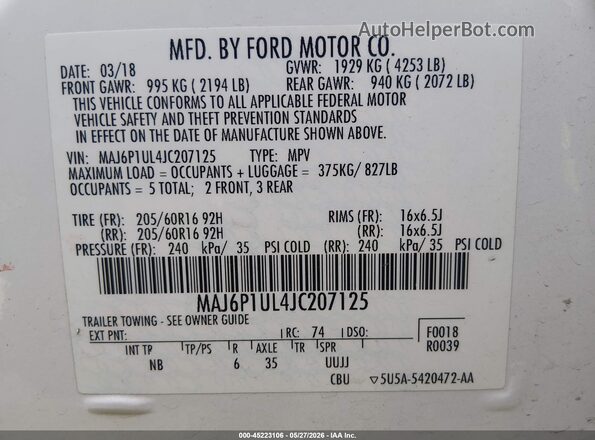 MAJ6P1UL4JC207125 2018 FORD ECOSPORT White ძრავის განყოფილების ხედი