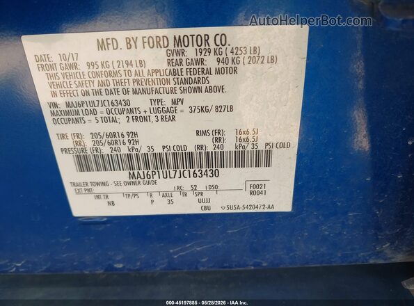 MAJ6P1UL7JC163430 2018 FORD ECOSPORT Blue Widok komory silnika