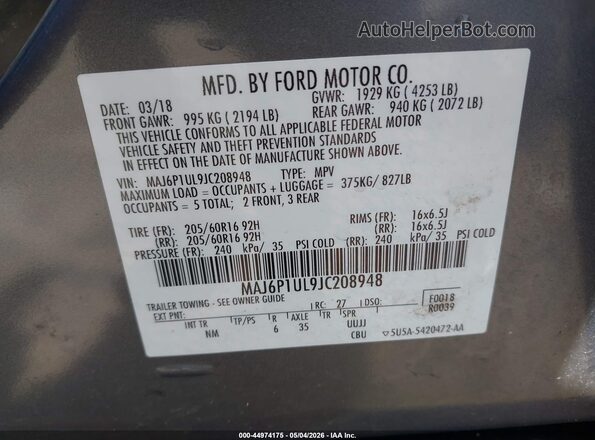 MAJ6P1UL9JC208948 2018 FORD ECOSPORT Gray Вид підкапотного простору