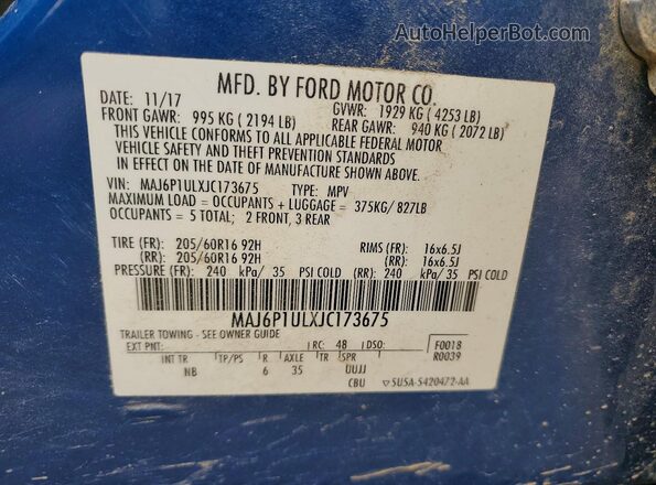 MAJ6P1ULXJC173675 2018 FORD ECOSPORT Blue Панорамний вид салону 360°