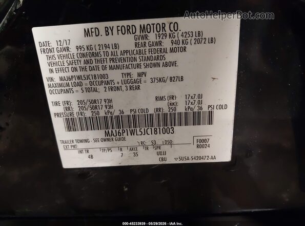 MAJ6P1WL5JC181003 2018 FORD ECOSPORT Black Շարժիչի բաժամունքի տեսք