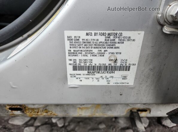 MAJ6P1WL5JC195094 2018 FORD ECOSPORT Silver Widok naklejki z numerem VIN