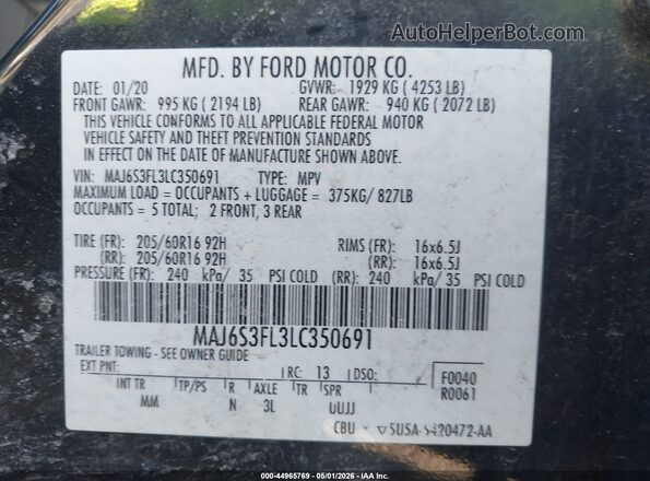 MAJ6S3FL3LC350691 2020 FORD ECOSPORT Black Engine compartment view