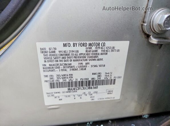 MAJ6S3FL3LC386560 2020 FORD ECOSPORT Silver Вид наклейки з VIN-кодом