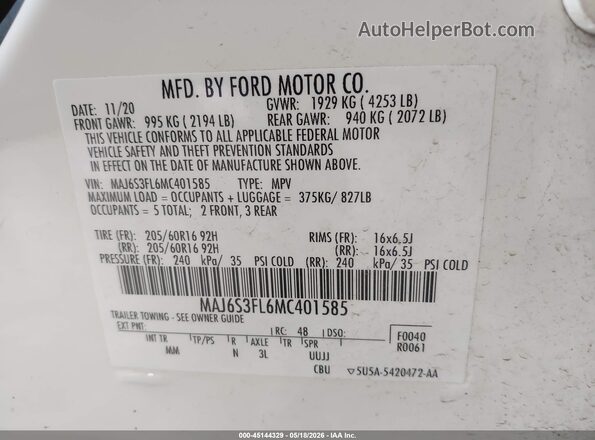 MAJ6S3FL6MC401585 2021 FORD ECOSPORT White Vista del compartimento del motor