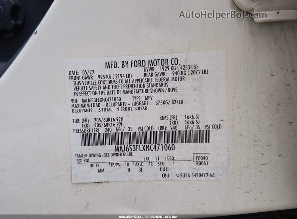 MAJ6S3FLXNC471060 2022 FORD ECOSPORT White ძრავის განყოფილების ხედი