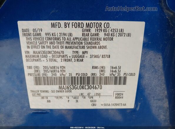 MAJ6S3GL0KC304670 2019 FORD ECOSPORT Blue Vista del compartimento del motor