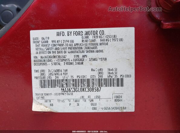 MAJ6S3GL0KC308587 2019 FORD ECOSPORT Red ძრავის განყოფილების ხედი
